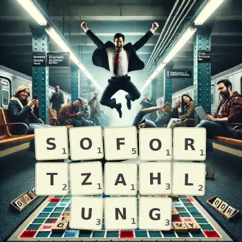 Kreative Illustration für ein Scrabble-Spiel, bei dem das Wort SOFORTZAHLUNG mit Steinen auf dem Brett gelegt wurde.