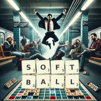 Kreative Illustration für ein Scrabble-Spiel, bei dem das Wort SOFTBALL mit Steinen auf dem Brett gelegt wurde.