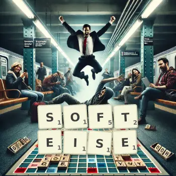 Kreative Illustration für ein Scrabble-Spiel, bei dem das Wort SOFTEISE mit Steinen auf dem Brett gelegt wurde.