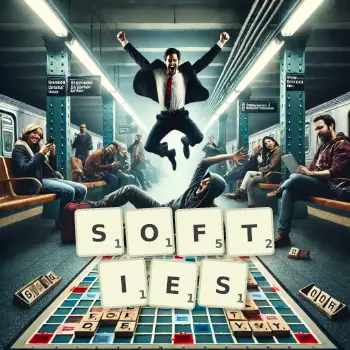 Kreative Illustration für ein Scrabble-Spiel, bei dem das Wort SOFTIES mit Steinen auf dem Brett gelegt wurde.