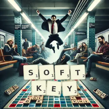 Kreative Illustration für ein Scrabble-Spiel, bei dem das Wort SOFTKEY mit Steinen auf dem Brett gelegt wurde.