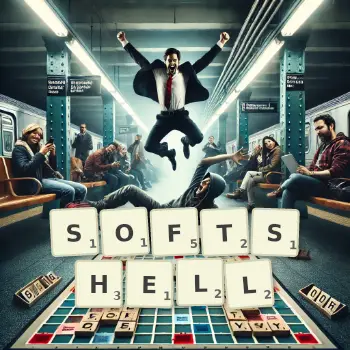 Kreative Illustration für ein Scrabble-Spiel, bei dem das Wort SOFTSHELL mit Steinen auf dem Brett gelegt wurde.