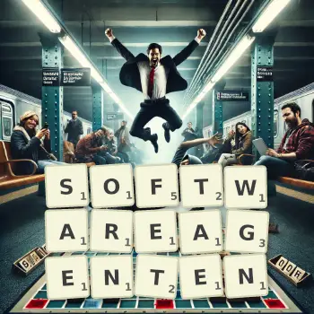 Kreative Illustration für ein Scrabble-Spiel, bei dem das Wort SOFTWAREAGENTEN mit Steinen auf dem Brett gelegt wurde.