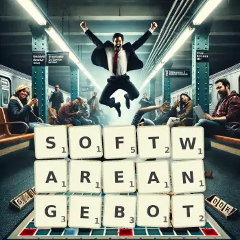 Kreative Illustration für ein Scrabble-Spiel, bei dem das Wort SOFTWAREANGEBOT mit Steinen auf dem Brett gelegt wurde.