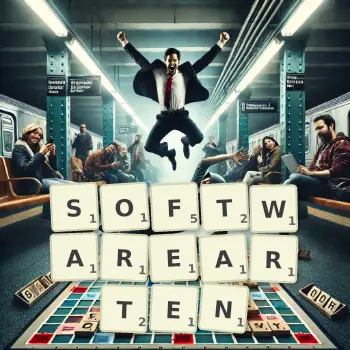 Kreative Illustration für ein Scrabble-Spiel, bei dem das Wort SOFTWAREARTEN mit Steinen auf dem Brett gelegt wurde.