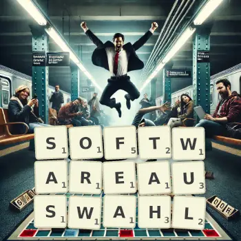 Kreative Illustration für ein Scrabble-Spiel, bei dem das Wort SOFTWAREAUSWAHL mit Steinen auf dem Brett gelegt wurde.