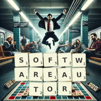 Kreative Illustration für ein Scrabble-Spiel, bei dem das Wort SOFTWAREAUTOR mit Steinen auf dem Brett gelegt wurde.