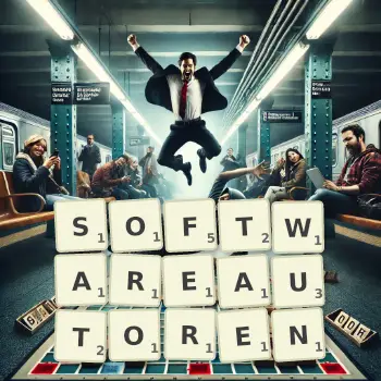 Kreative Illustration für ein Scrabble-Spiel, bei dem das Wort SOFTWAREAUTOREN mit Steinen auf dem Brett gelegt wurde.