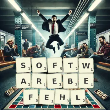 Kreative Illustration für ein Scrabble-Spiel, bei dem das Wort SOFTWAREBEFEHL mit Steinen auf dem Brett gelegt wurde.