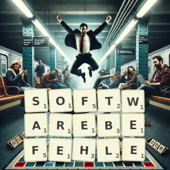 Kreative Illustration für ein Scrabble-Spiel, bei dem das Wort SOFTWAREBEFEHLE mit Steinen auf dem Brett gelegt wurde.