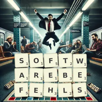 Kreative Illustration für ein Scrabble-Spiel, bei dem das Wort SOFTWAREBEFEHLS mit Steinen auf dem Brett gelegt wurde.