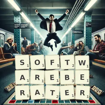 Kreative Illustration für ein Scrabble-Spiel, bei dem das Wort SOFTWAREBERATER mit Steinen auf dem Brett gelegt wurde.