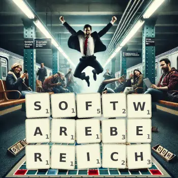 Kreative Illustration für ein Scrabble-Spiel, bei dem das Wort SOFTWAREBEREICH mit Steinen auf dem Brett gelegt wurde.