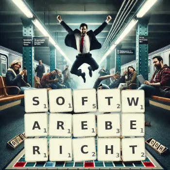 Kreative Illustration für ein Scrabble-Spiel, bei dem das Wort SOFTWAREBERICHT mit Steinen auf dem Brett gelegt wurde.