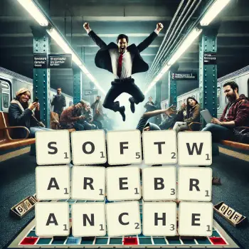 Kreative Illustration für ein Scrabble-Spiel, bei dem das Wort SOFTWAREBRANCHE mit Steinen auf dem Brett gelegt wurde.