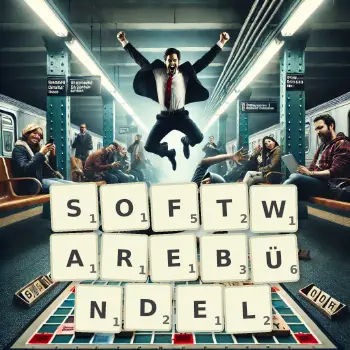 Kreative Illustration für ein Scrabble-Spiel, bei dem das Wort SOFTWAREBÜNDEL mit Steinen auf dem Brett gelegt wurde.