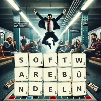 Kreative Illustration für ein Scrabble-Spiel, bei dem das Wort SOFTWAREBÜNDELN mit Steinen auf dem Brett gelegt wurde.