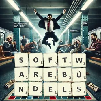 Kreative Illustration für ein Scrabble-Spiel, bei dem das Wort SOFTWAREBÜNDELS mit Steinen auf dem Brett gelegt wurde.