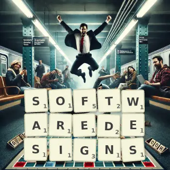 Kreative Illustration für ein Scrabble-Spiel, bei dem das Wort SOFTWAREDESIGNS mit Steinen auf dem Brett gelegt wurde.