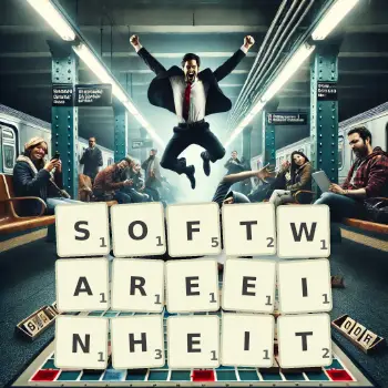 Kreative Illustration für ein Scrabble-Spiel, bei dem das Wort SOFTWAREEINHEIT mit Steinen auf dem Brett gelegt wurde.