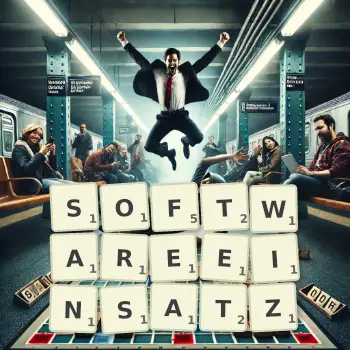 Kreative Illustration für ein Scrabble-Spiel, bei dem das Wort SOFTWAREEINSATZ mit Steinen auf dem Brett gelegt wurde.