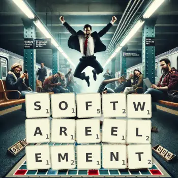 Kreative Illustration für ein Scrabble-Spiel, bei dem das Wort SOFTWAREELEMENT mit Steinen auf dem Brett gelegt wurde.