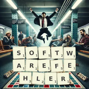 Kreative Illustration für ein Scrabble-Spiel, bei dem das Wort SOFTWAREFEHLER mit Steinen auf dem Brett gelegt wurde.