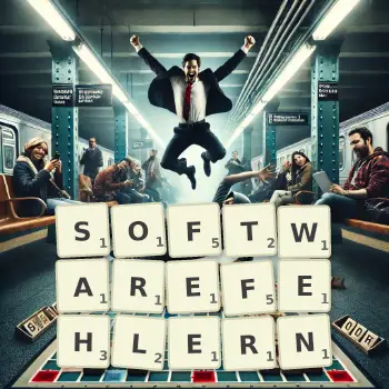 Kreative Illustration für ein Scrabble-Spiel, bei dem das Wort SOFTWAREFEHLERN mit Steinen auf dem Brett gelegt wurde.