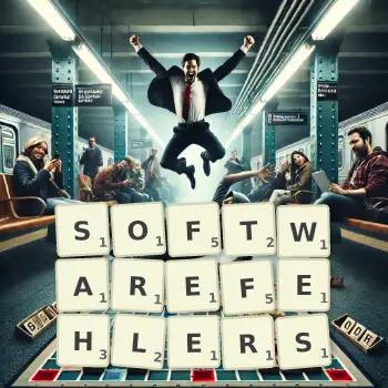 Kreative Illustration für ein Scrabble-Spiel, bei dem das Wort SOFTWAREFEHLERS mit Steinen auf dem Brett gelegt wurde.