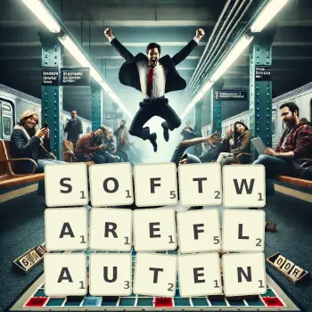 Kreative Illustration für ein Scrabble-Spiel, bei dem das Wort SOFTWAREFLAUTEN mit Steinen auf dem Brett gelegt wurde.