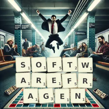 Kreative Illustration für ein Scrabble-Spiel, bei dem das Wort SOFTWAREFRAGEN mit Steinen auf dem Brett gelegt wurde.