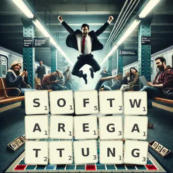 Kreative Illustration für ein Scrabble-Spiel, bei dem das Wort SOFTWAREGATTUNG mit Steinen auf dem Brett gelegt wurde.
