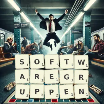 Kreative Illustration für ein Scrabble-Spiel, bei dem das Wort SOFTWAREGRUPPEN mit Steinen auf dem Brett gelegt wurde.