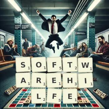 Kreative Illustration für ein Scrabble-Spiel, bei dem das Wort SOFTWAREHILFE mit Steinen auf dem Brett gelegt wurde.