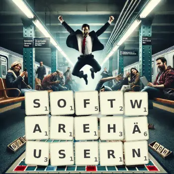 Kreative Illustration für ein Scrabble-Spiel, bei dem das Wort SOFTWAREHÄUSERN mit Steinen auf dem Brett gelegt wurde.