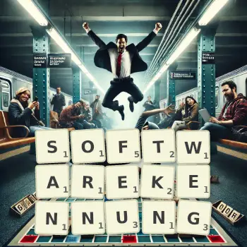 Kreative Illustration für ein Scrabble-Spiel, bei dem das Wort SOFTWAREKENNUNG mit Steinen auf dem Brett gelegt wurde.