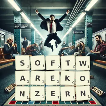 Kreative Illustration für ein Scrabble-Spiel, bei dem das Wort SOFTWAREKONZERN mit Steinen auf dem Brett gelegt wurde.