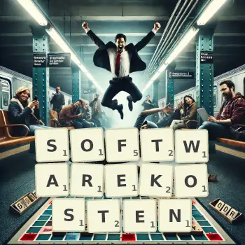 Kreative Illustration für ein Scrabble-Spiel, bei dem das Wort SOFTWAREKOSTEN mit Steinen auf dem Brett gelegt wurde.