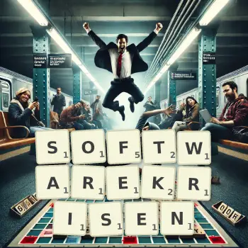 Kreative Illustration für ein Scrabble-Spiel, bei dem das Wort SOFTWAREKRISEN mit Steinen auf dem Brett gelegt wurde.