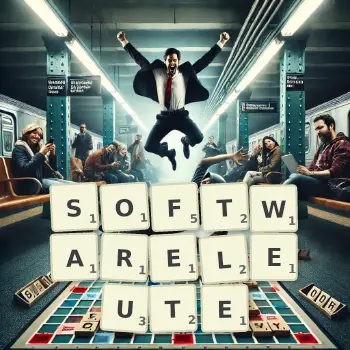 Kreative Illustration für ein Scrabble-Spiel, bei dem das Wort SOFTWARELEUTE mit Steinen auf dem Brett gelegt wurde.
