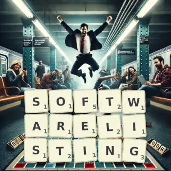 Kreative Illustration für ein Scrabble-Spiel, bei dem das Wort SOFTWARELISTING mit Steinen auf dem Brett gelegt wurde.