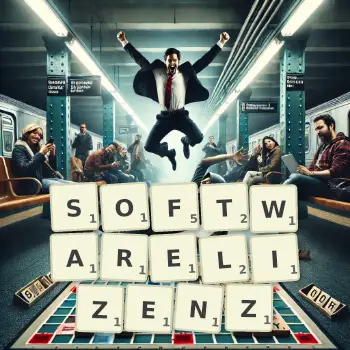 Kreative Illustration für ein Scrabble-Spiel, bei dem das Wort SOFTWARELIZENZ mit Steinen auf dem Brett gelegt wurde.