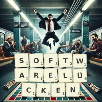 Kreative Illustration für ein Scrabble-Spiel, bei dem das Wort SOFTWARELÜCKEN mit Steinen auf dem Brett gelegt wurde.
