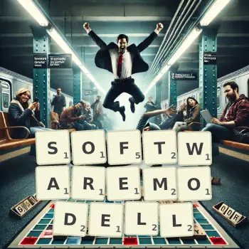 Kreative Illustration für ein Scrabble-Spiel, bei dem das Wort SOFTWAREMODELL mit Steinen auf dem Brett gelegt wurde.