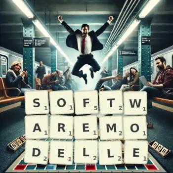 Kreative Illustration für ein Scrabble-Spiel, bei dem das Wort SOFTWAREMODELLE mit Steinen auf dem Brett gelegt wurde.
