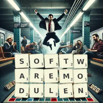 Kreative Illustration für ein Scrabble-Spiel, bei dem das Wort SOFTWAREMODULEN mit Steinen auf dem Brett gelegt wurde.