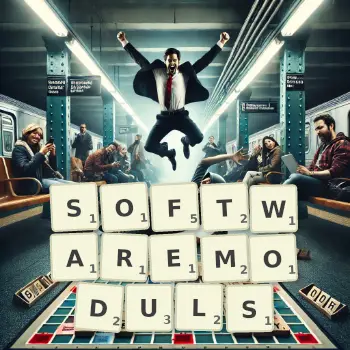 Kreative Illustration für ein Scrabble-Spiel, bei dem das Wort SOFTWAREMODULS mit Steinen auf dem Brett gelegt wurde.