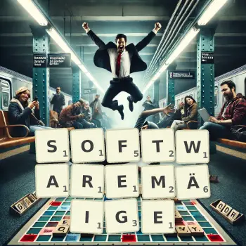 Kreative Illustration für ein Scrabble-Spiel, bei dem das Wort SOFTWAREMÄIGE mit Steinen auf dem Brett gelegt wurde.