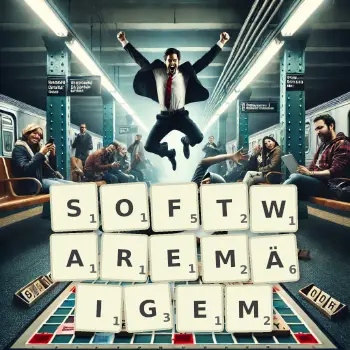 Kreative Illustration für ein Scrabble-Spiel, bei dem das Wort SOFTWAREMÄIGEM mit Steinen auf dem Brett gelegt wurde.