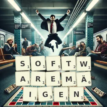 Kreative Illustration für ein Scrabble-Spiel, bei dem das Wort SOFTWAREMÄIGEN mit Steinen auf dem Brett gelegt wurde.